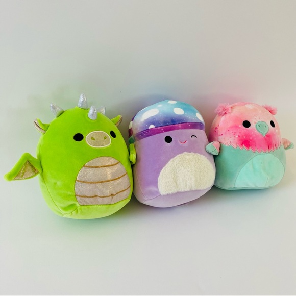 EUC Original Squishmallows Set of THREE Green Dragon, Purple Mushroom, Pink Owl - Picture 4 of 6